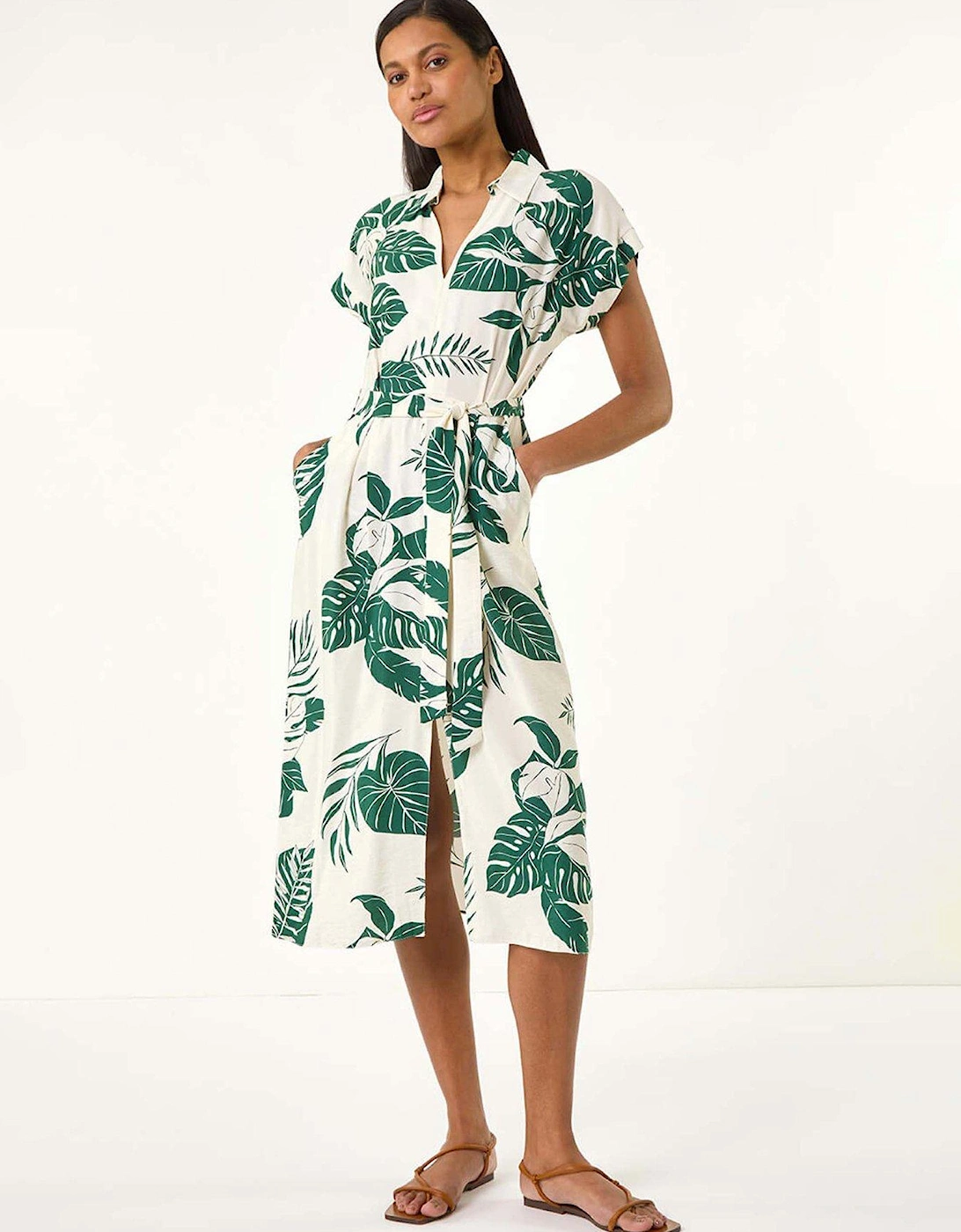 Leaf Print Belted Shirt Midi Dress - Green, 2 of 1