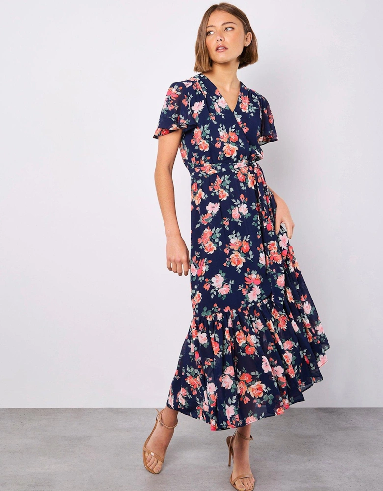 Painterly Roses Wrap Maxi Dress - Navy