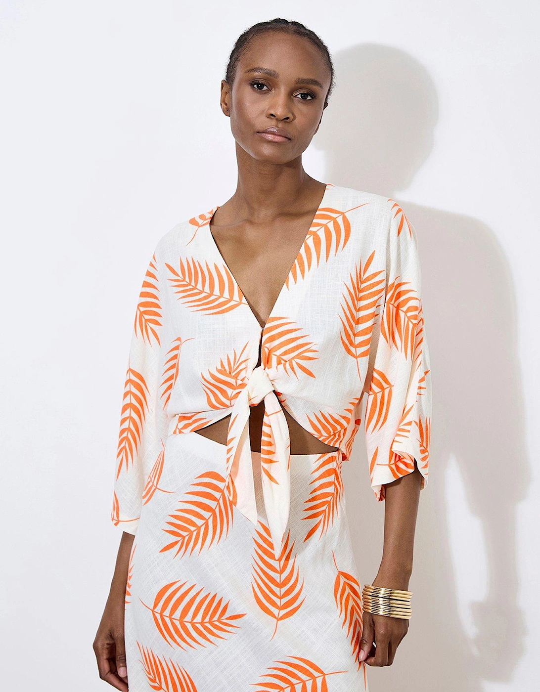 Tropical Leaf Tie Hem Crop Top - Cream, 2 of 1