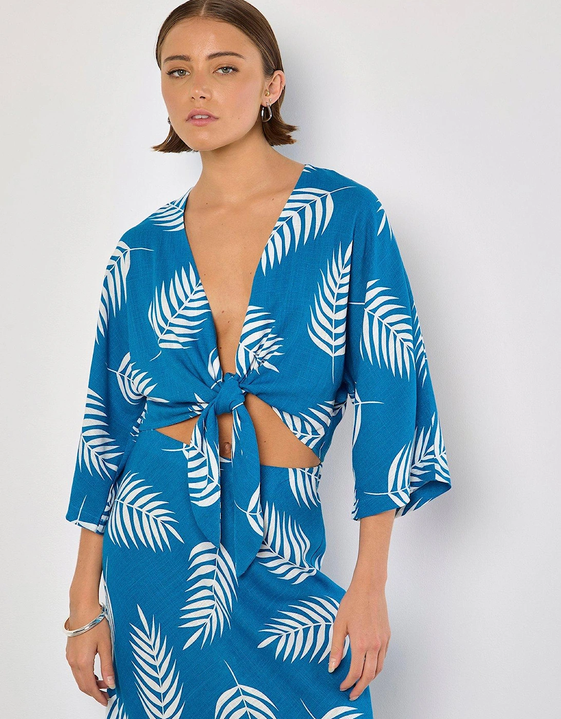 Tropical Leaf Tie Hem Crop Top - Blue, 2 of 1