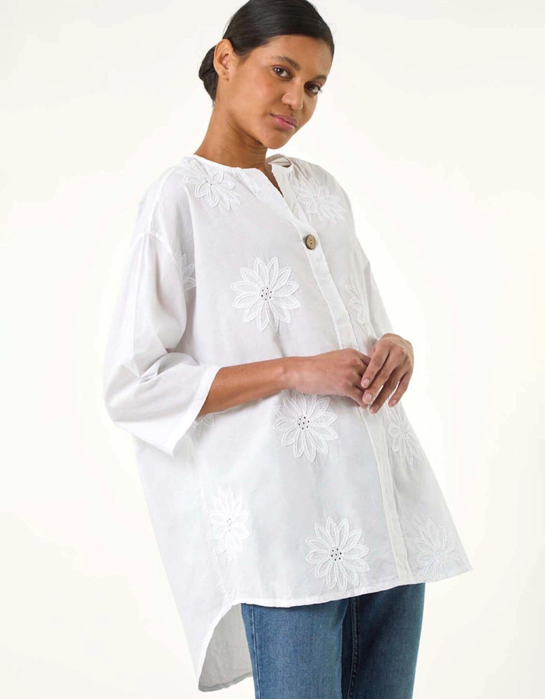 Cotton Floral Embroidered Tunic Top - White