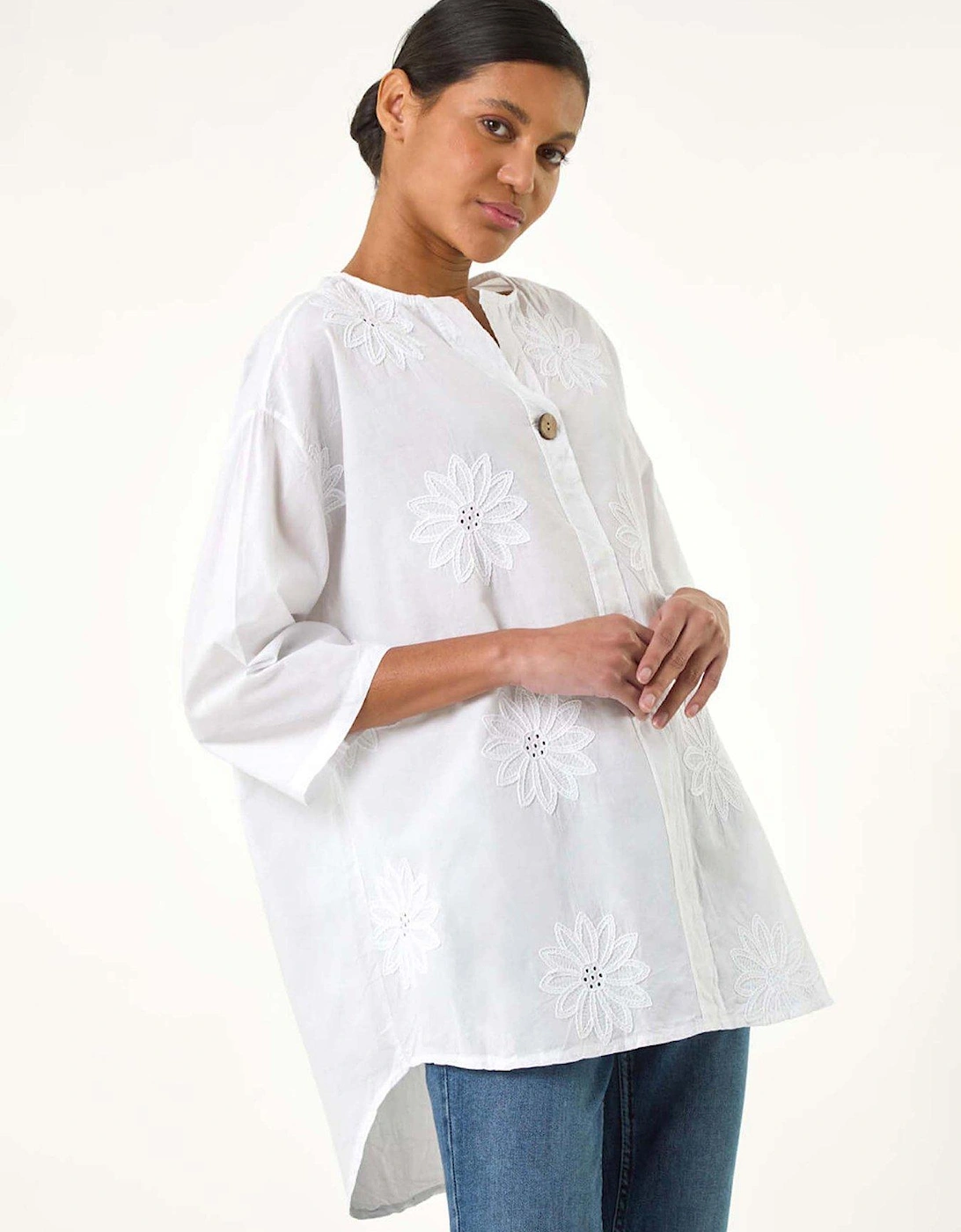 Cotton Floral Embroidered Tunic Top - White, 2 of 1