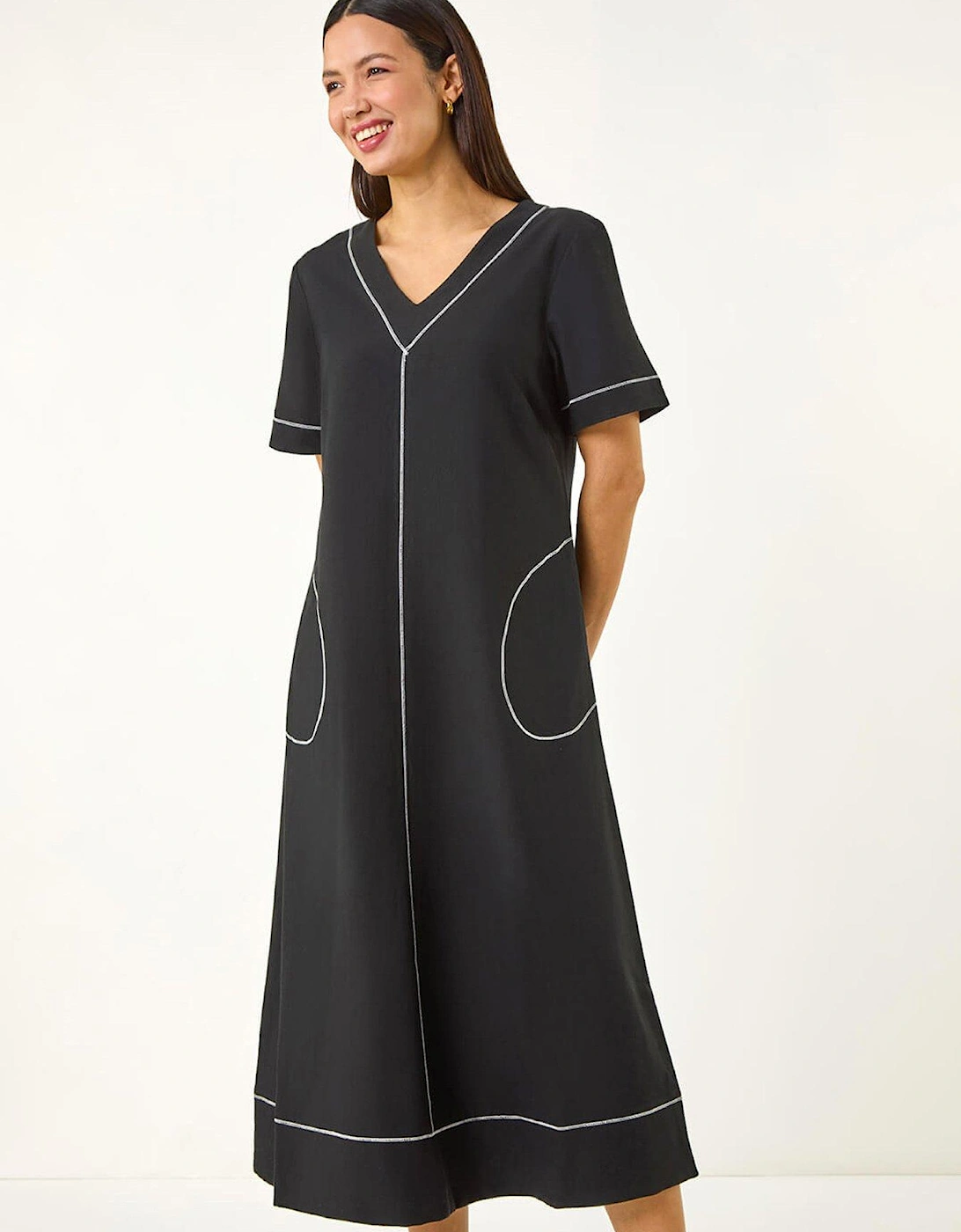 Contrast Stitch Detail A-line Dress - Black, 2 of 1