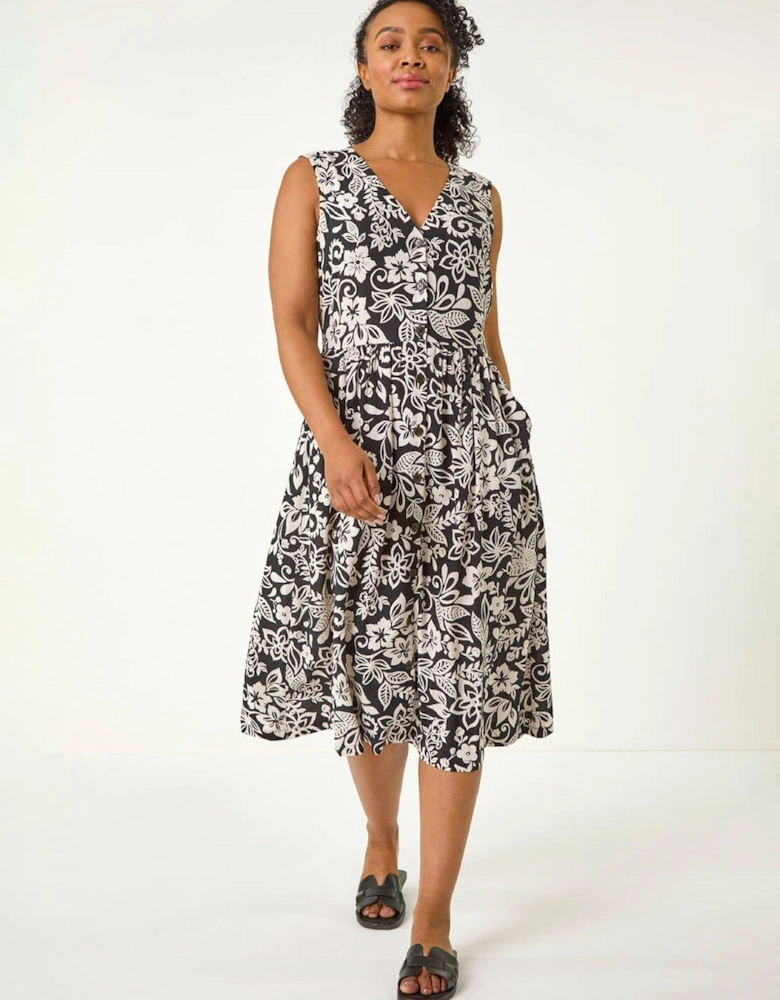 Petite Print Button Through Pocket Dress - Black