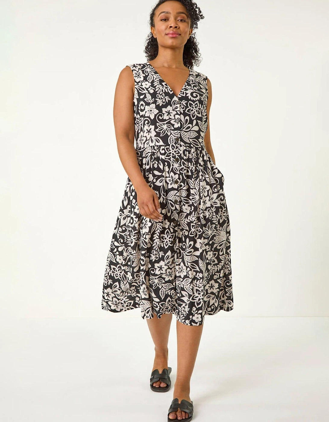 Petite Print Button Through Pocket Dress - Black, 2 of 1