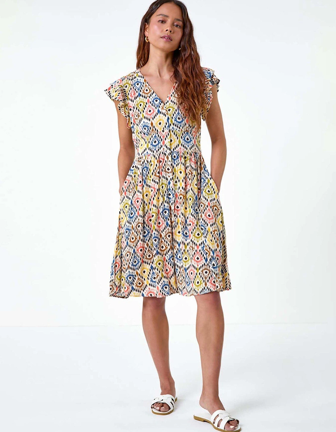 Petite Aztec Print Frill Pocket Dress, 2 of 1