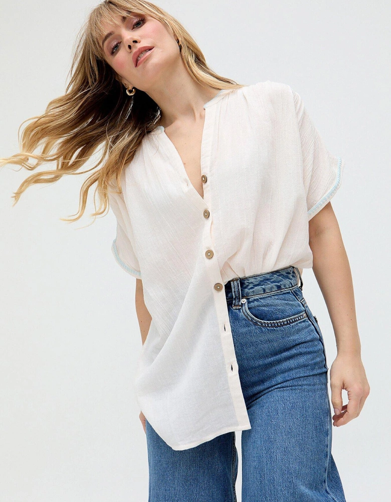 Juneeta Crop Sleeve Button Down Shirt - Cream