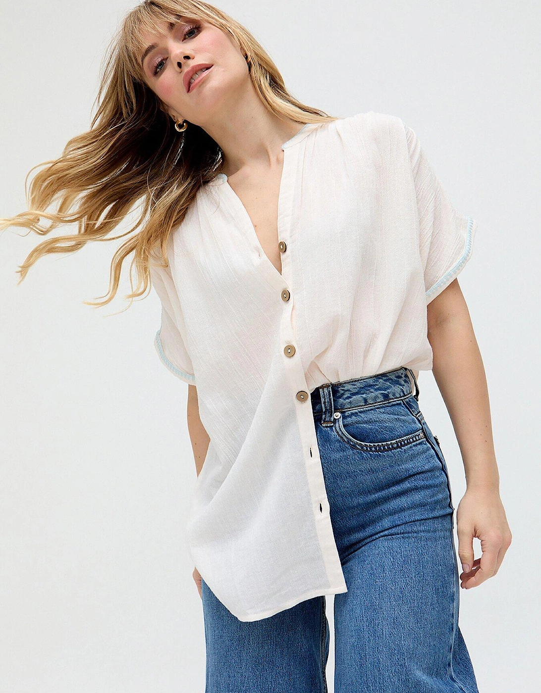 Juneeta Crop Sleeve Button Down Shirt - Cream, 2 of 1