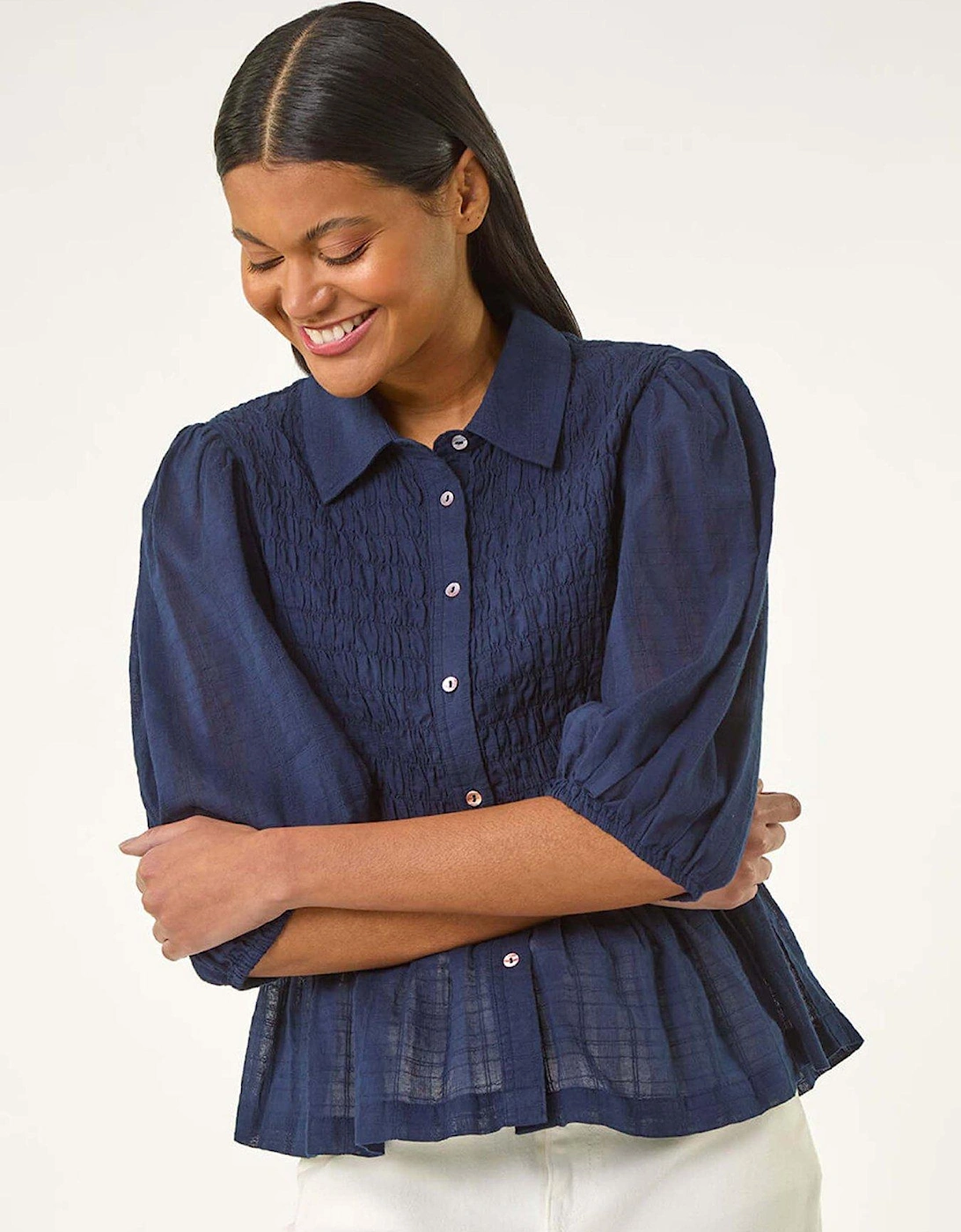 Shirred Printed Blouse - Navy, 2 of 1