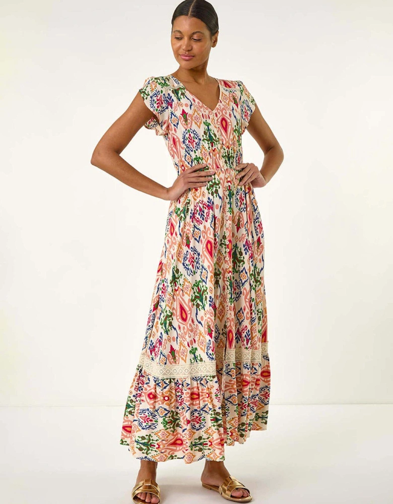 Abstract Button Through Maxi Dress - Orange