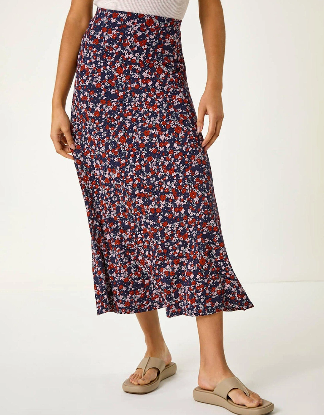 Ditsy Floral Stretch Midi Skirt - Navy, 2 of 1