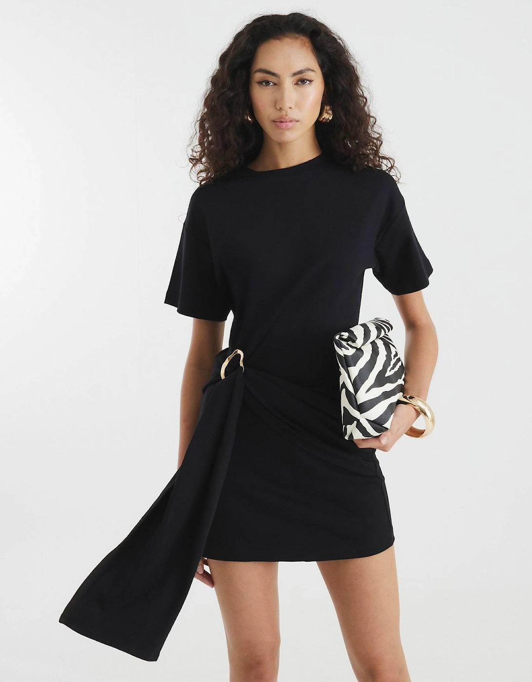 Short Sleeve Trim Belted Mini Dress - Black, 2 of 1
