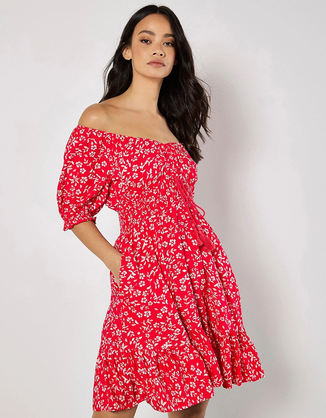 Sarasa Floral Bardot Mini Dress - Red, 2 of 1