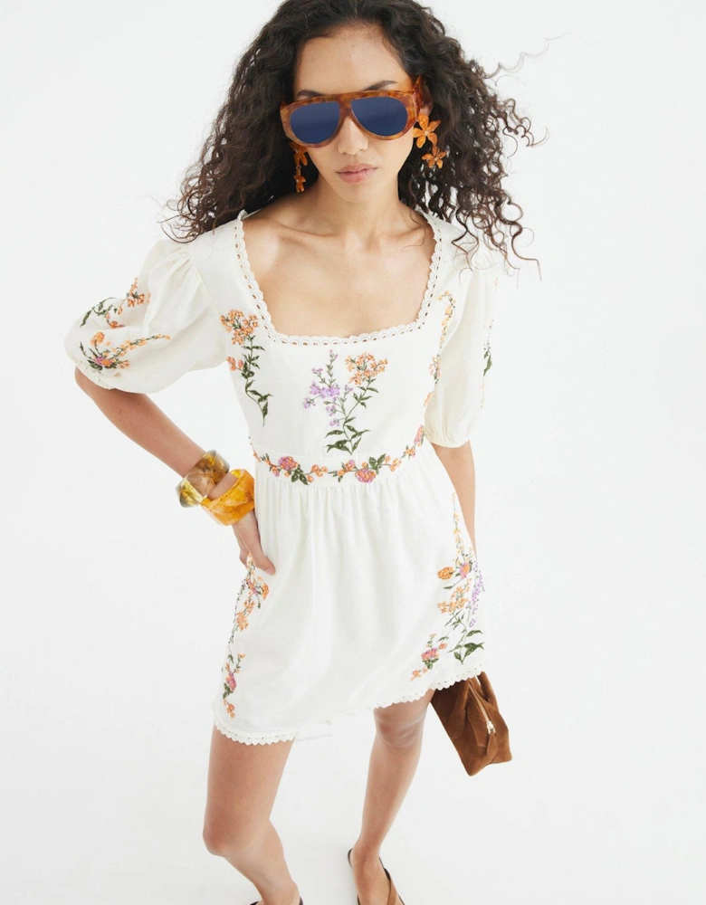 Short Sleeve Linen Dress - White