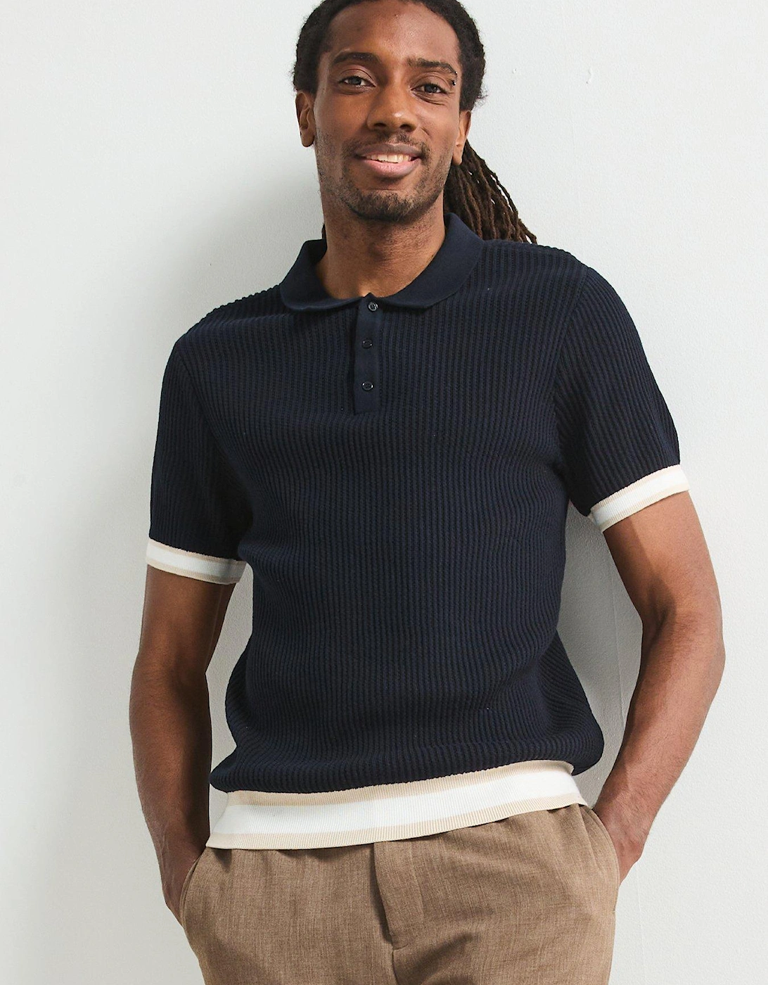 Knitted Tipped Polo Shirt - Navy