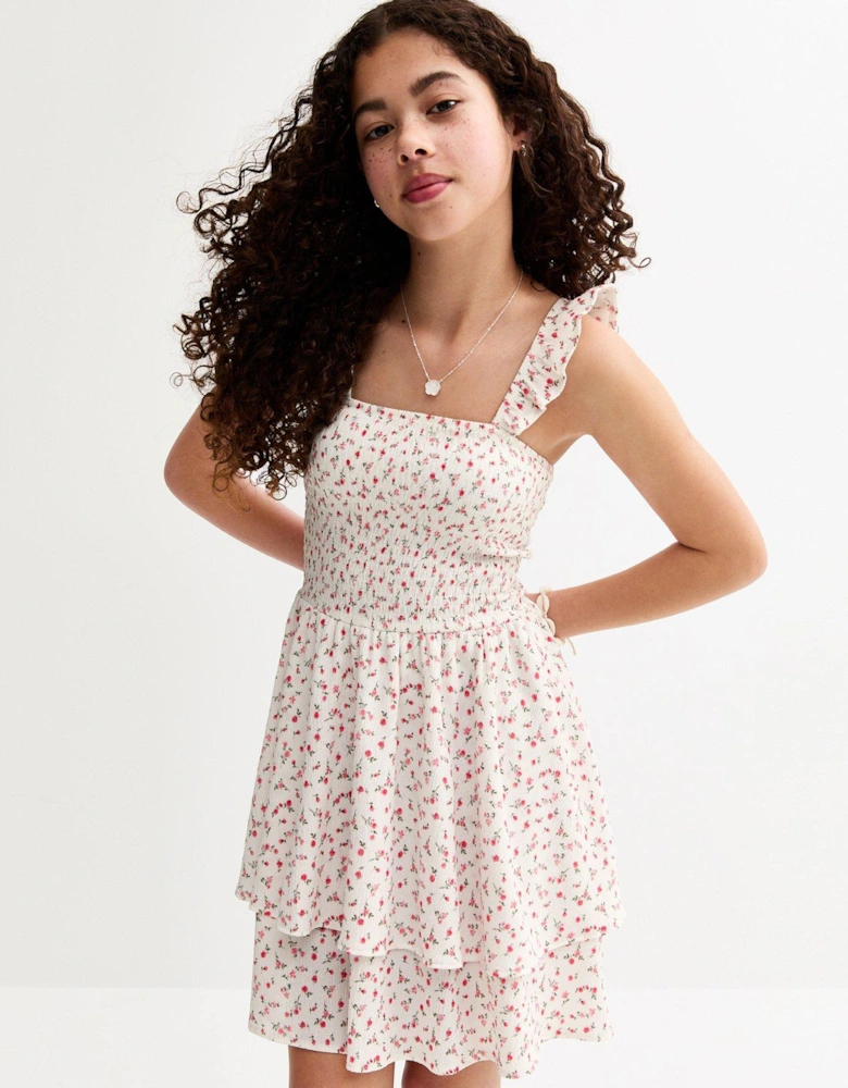 Girls Textured Floral Print Dress - White