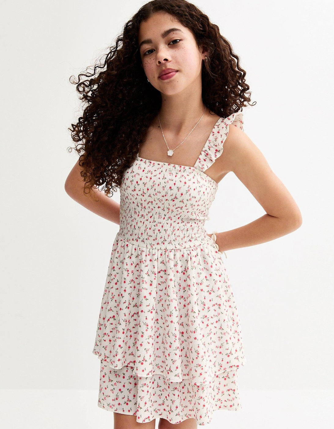 Girls Textured Floral Print Dress - White, 2 of 1