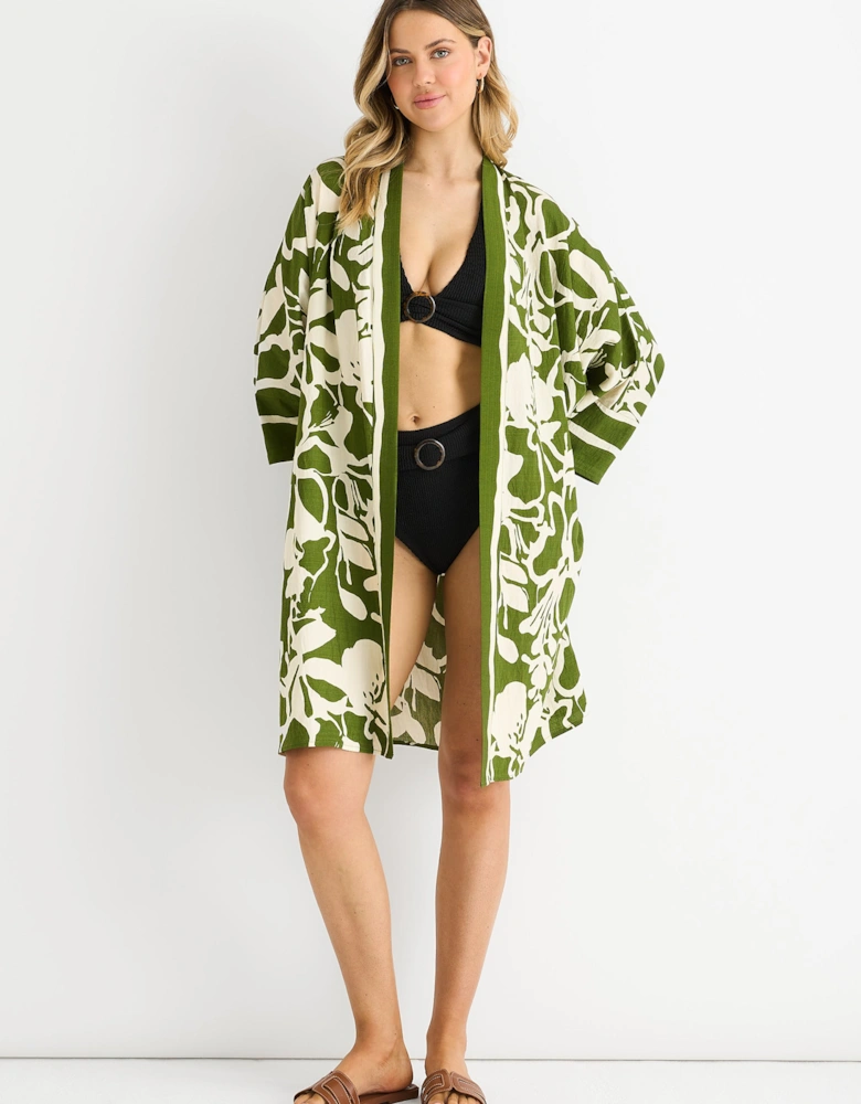 Green Summer Border Printed Beach Kimono
