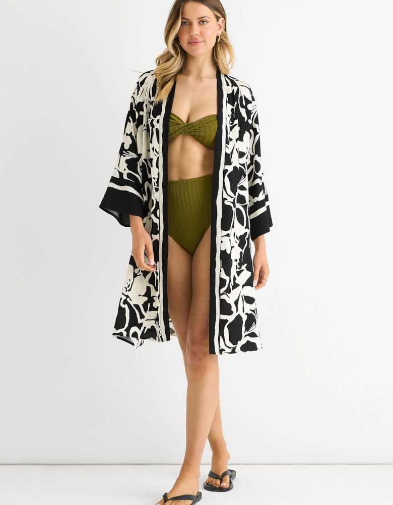 Black Summer Border Printed Beach Kimono