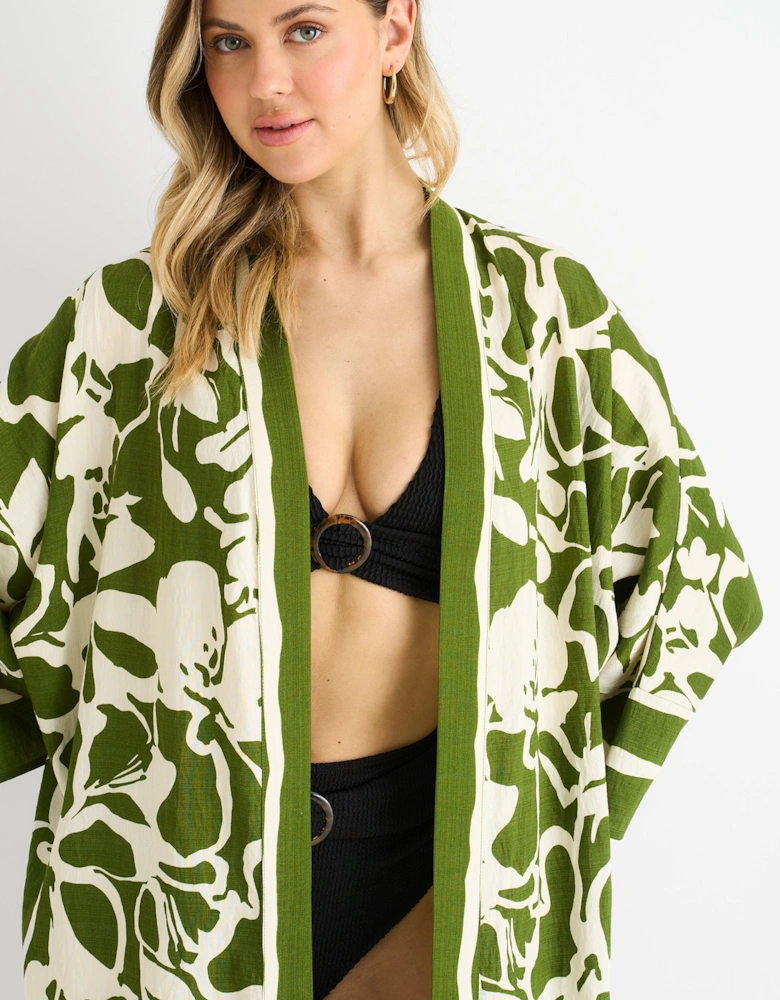 Green Summer Border Printed Beach Kimono