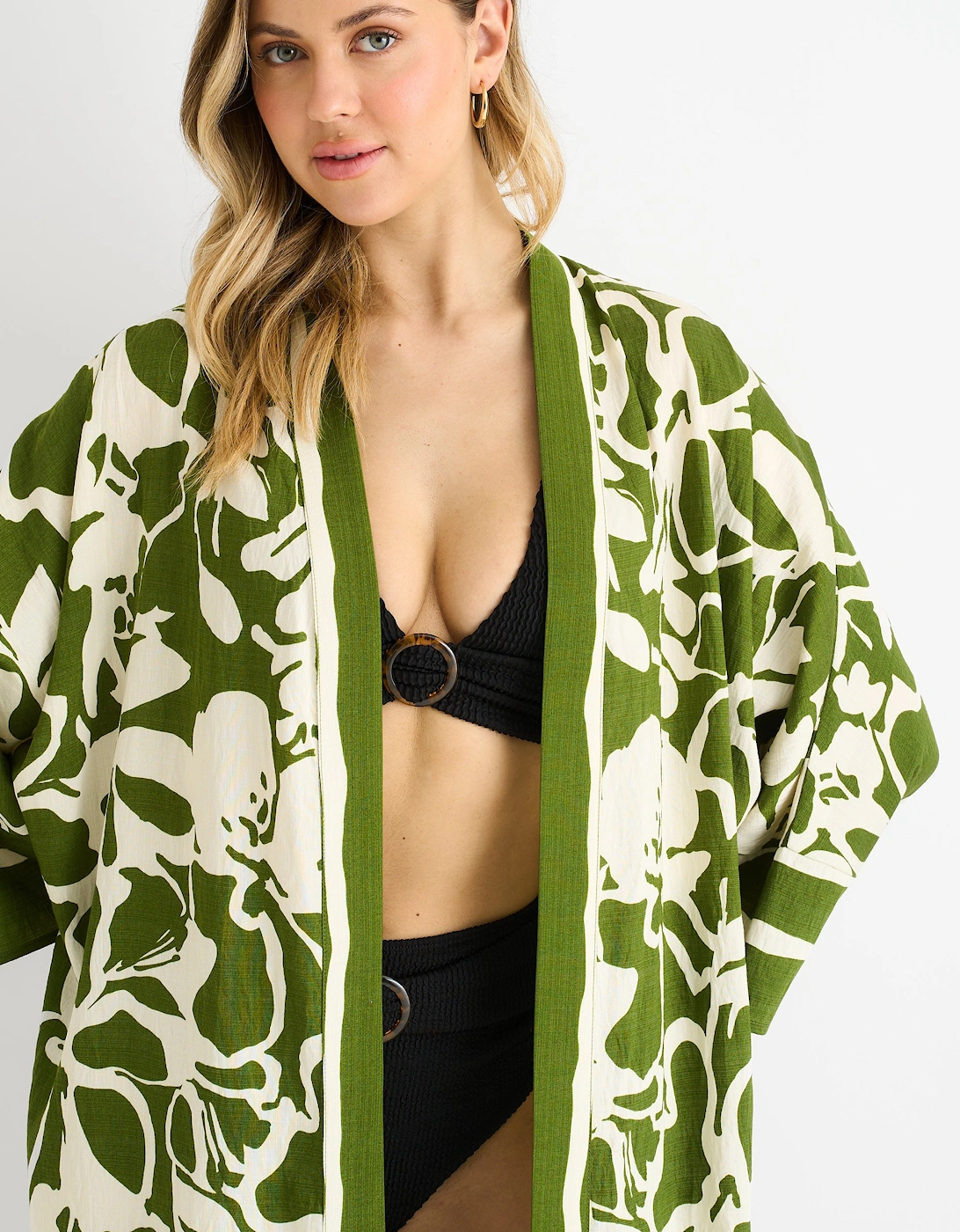 Green Summer Border Printed Beach Kimono