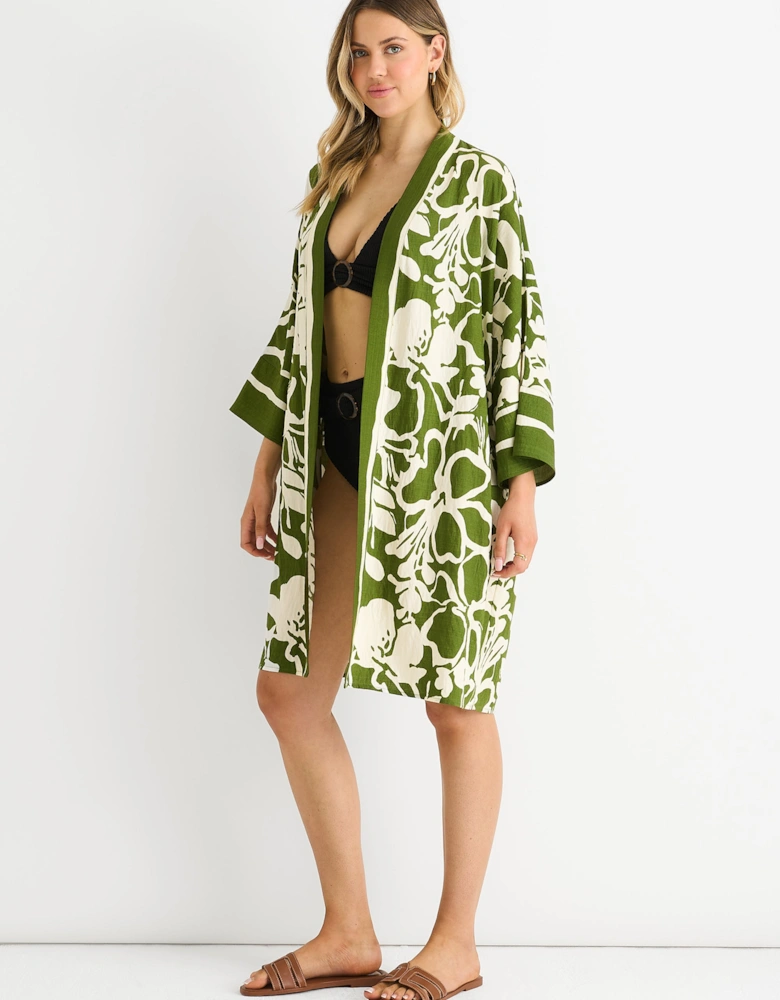 Green Summer Border Printed Beach Kimono