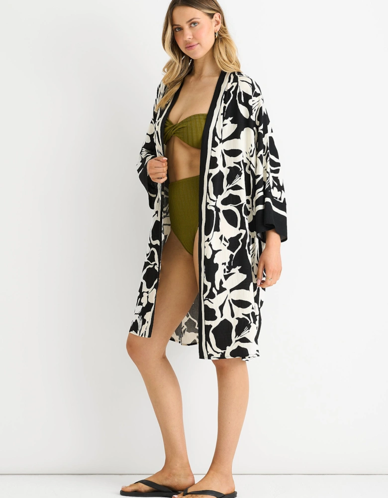 Black Summer Border Printed Beach Kimono