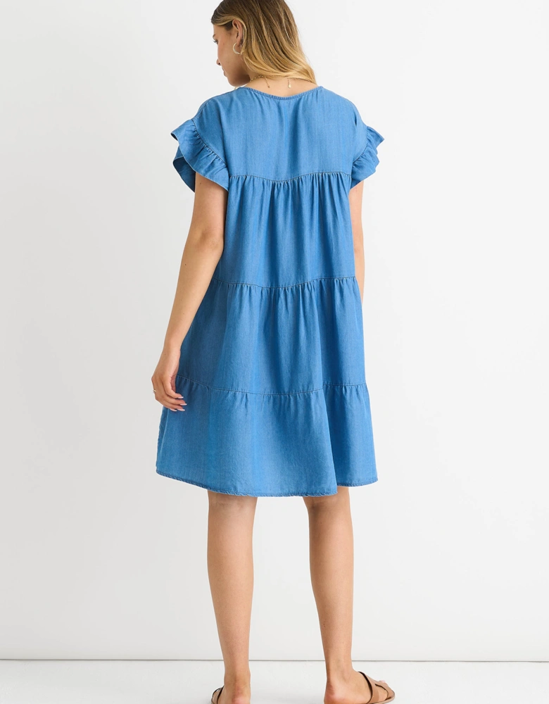 Denim Blue Chambray Frill Sleeves Flared Mini Dress