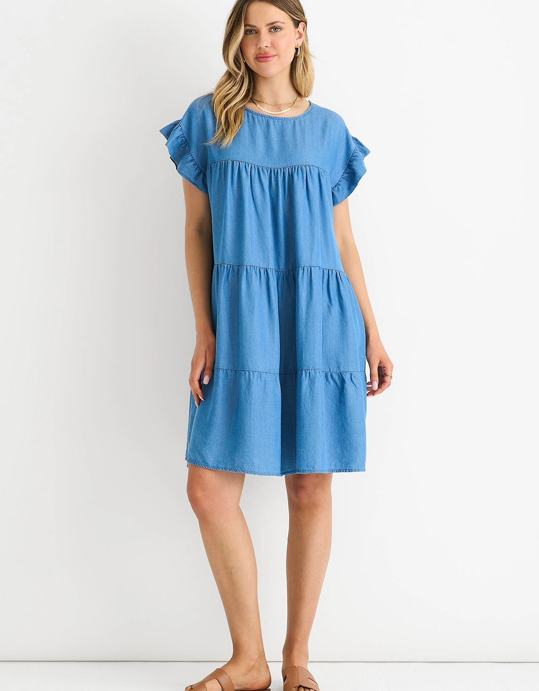 Denim Blue Chambray Frill Sleeves Flared Mini Dress, 5 of 4