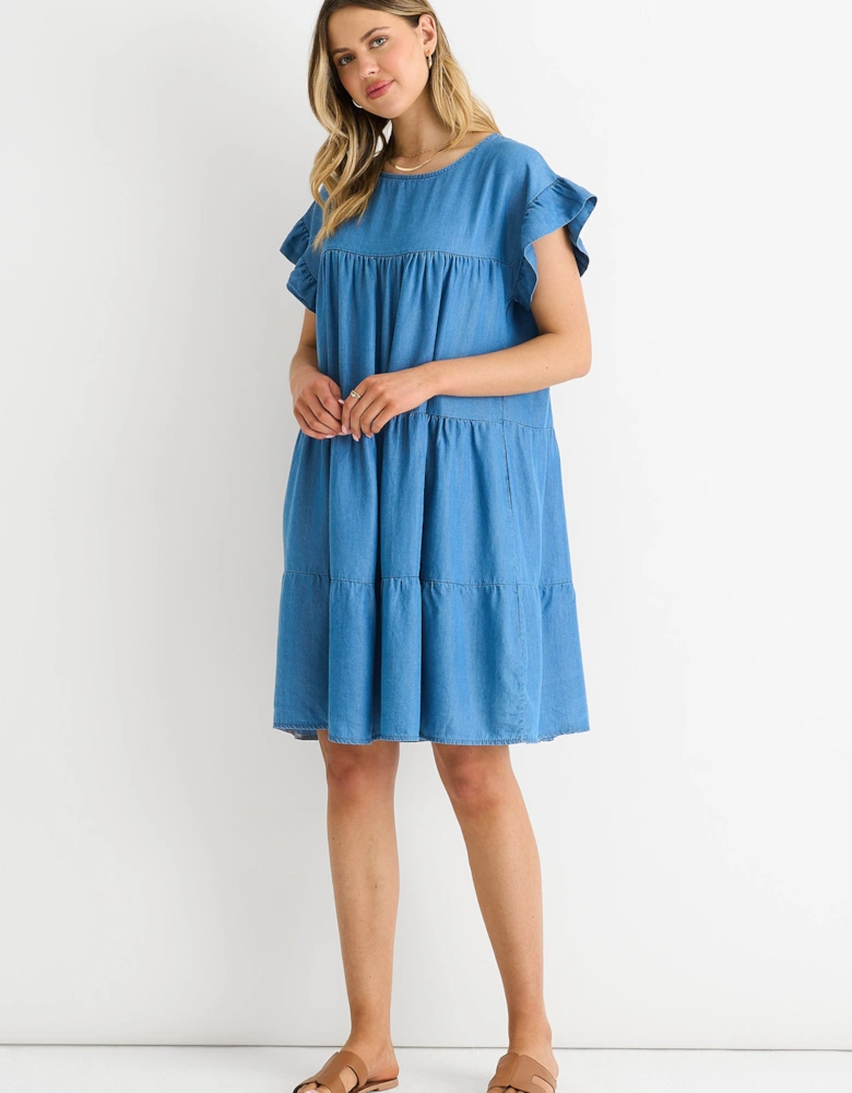 Denim Blue Chambray Frill Sleeves Flared Mini Dress