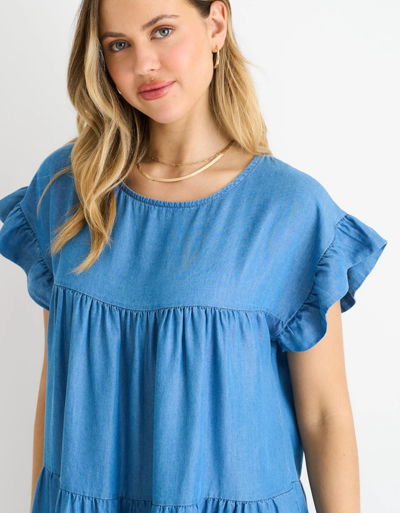 Denim Blue Chambray Frill Sleeves Flared Mini Dress