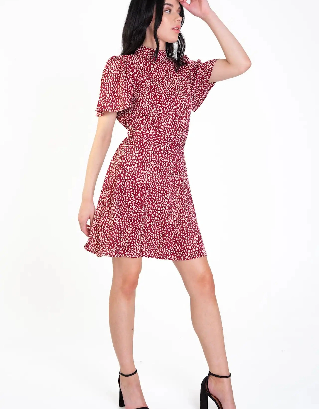 Burgundy Animal Print High Neck Skater Mini Dress