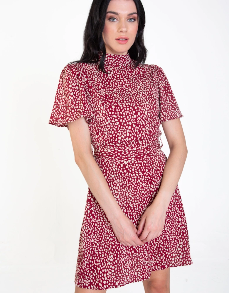 Burgundy Animal Print High Neck Skater Mini Dress
