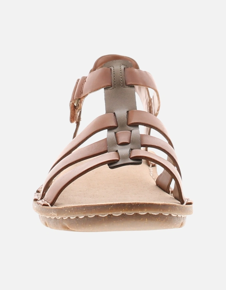 Womens Flat Sandals Blake Jewel Leather Touch Fastening tan UK Size