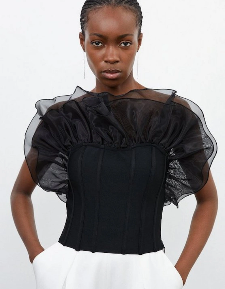 Figure Form Bandage Knit Organza Frill Detail Top