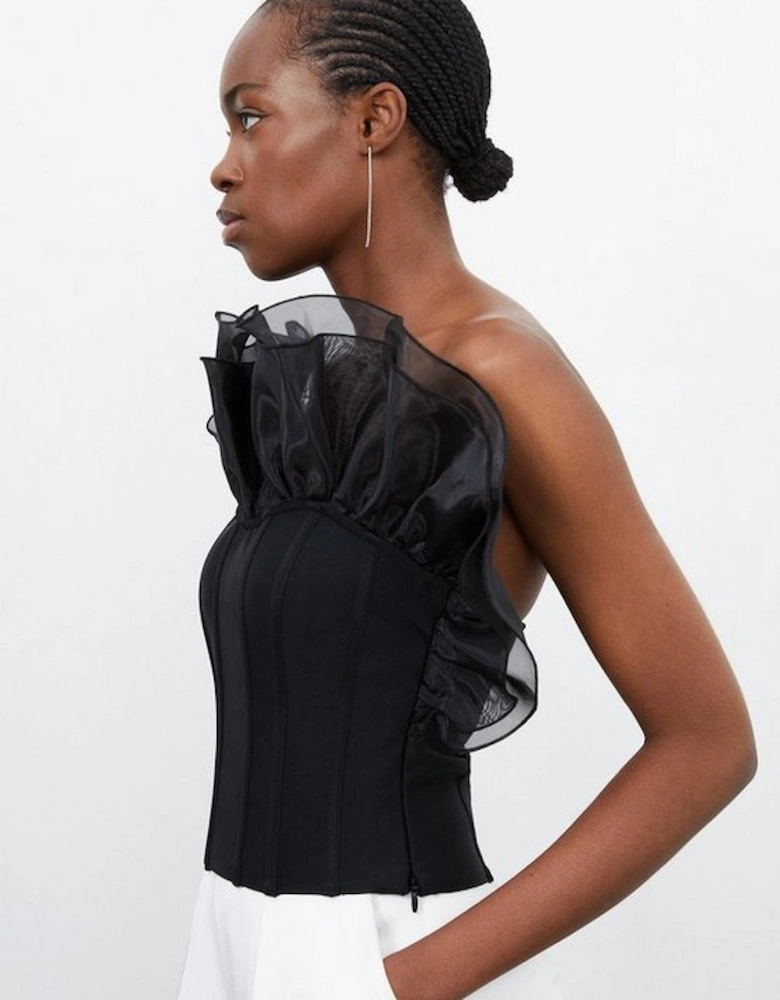 Figure Form Bandage Knit Organza Frill Detail Top