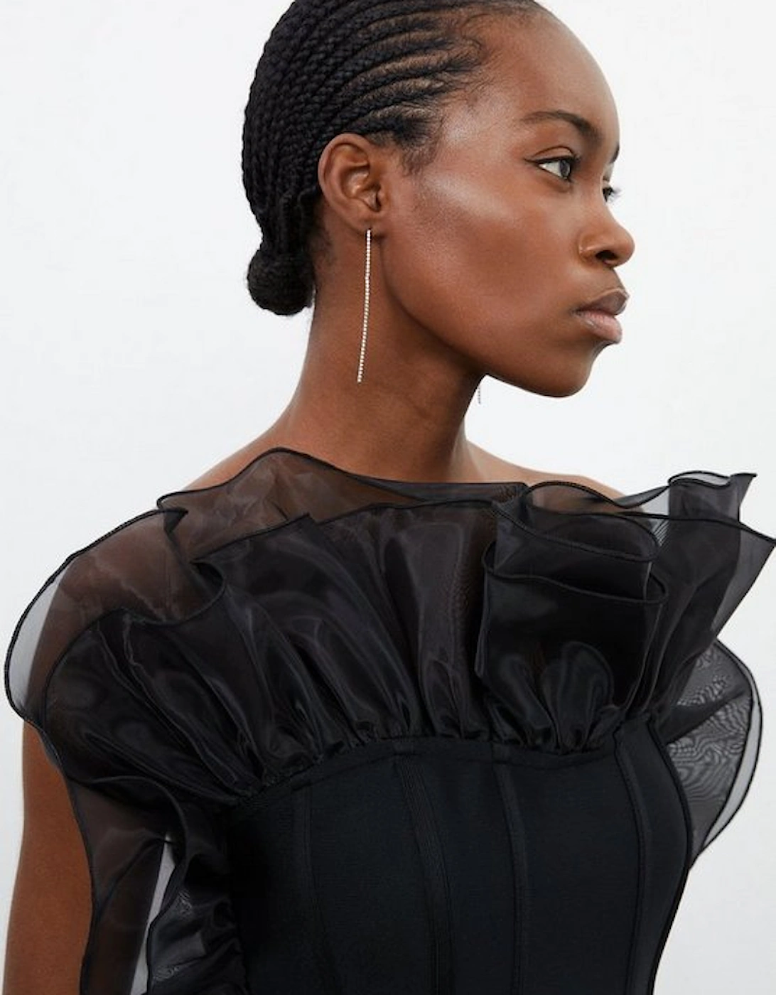 Figure Form Bandage Knit Organza Frill Detail Top
