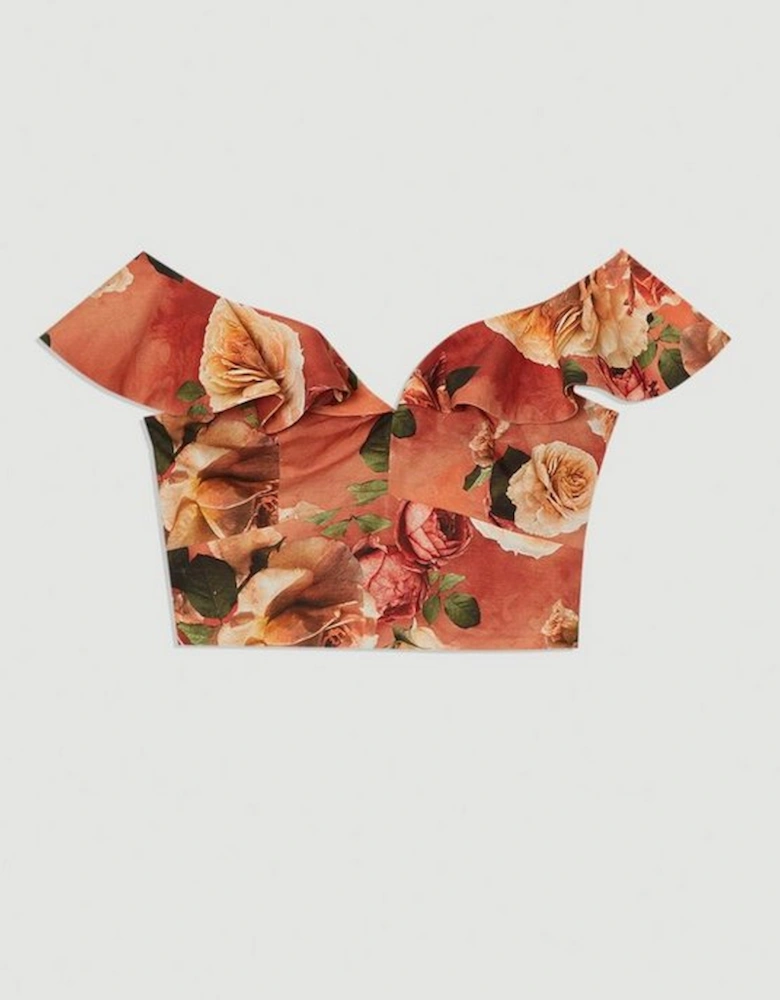 Linen Viscose Floral Printed Woven Ruffle Detail Top