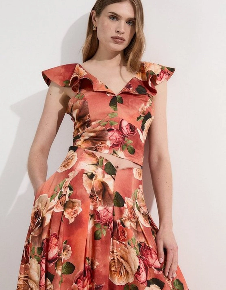 Linen Viscose Floral Printed Woven Ruffle Detail Top