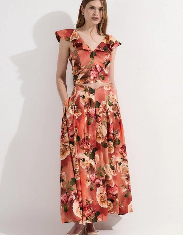 Linen Viscose Floral Printed Woven Ruffle Detail Top
