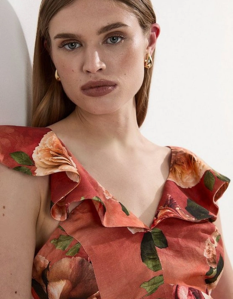 Linen Viscose Floral Printed Woven Ruffle Detail Top