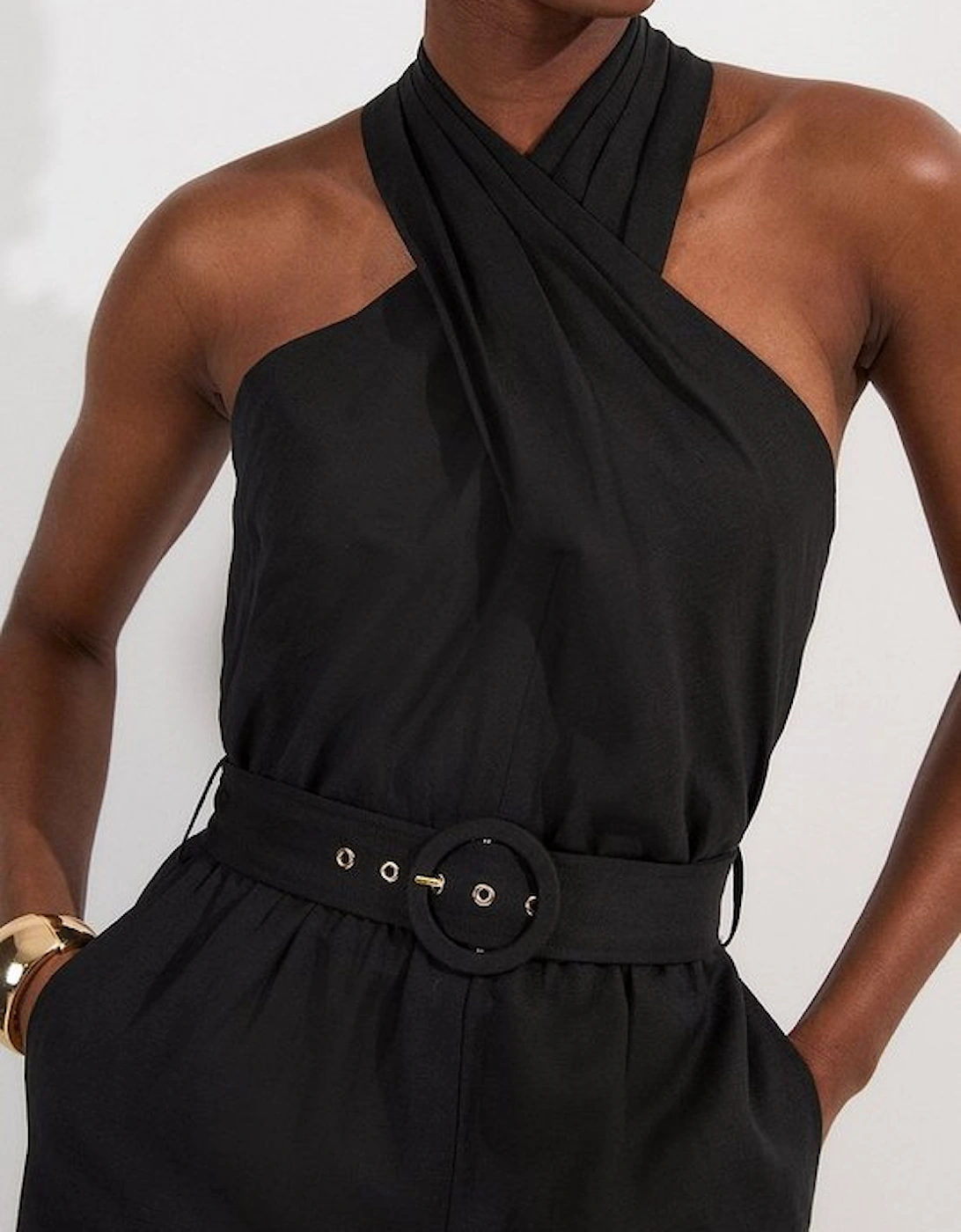 Linen Viscose Cross Front Woven Belted Jumpsuit