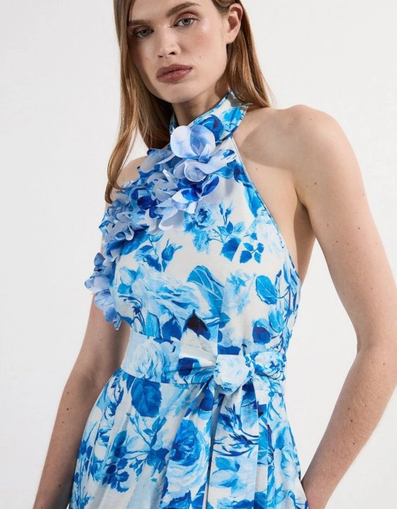Rosette Ruffle Woven Maxi Halter Dress