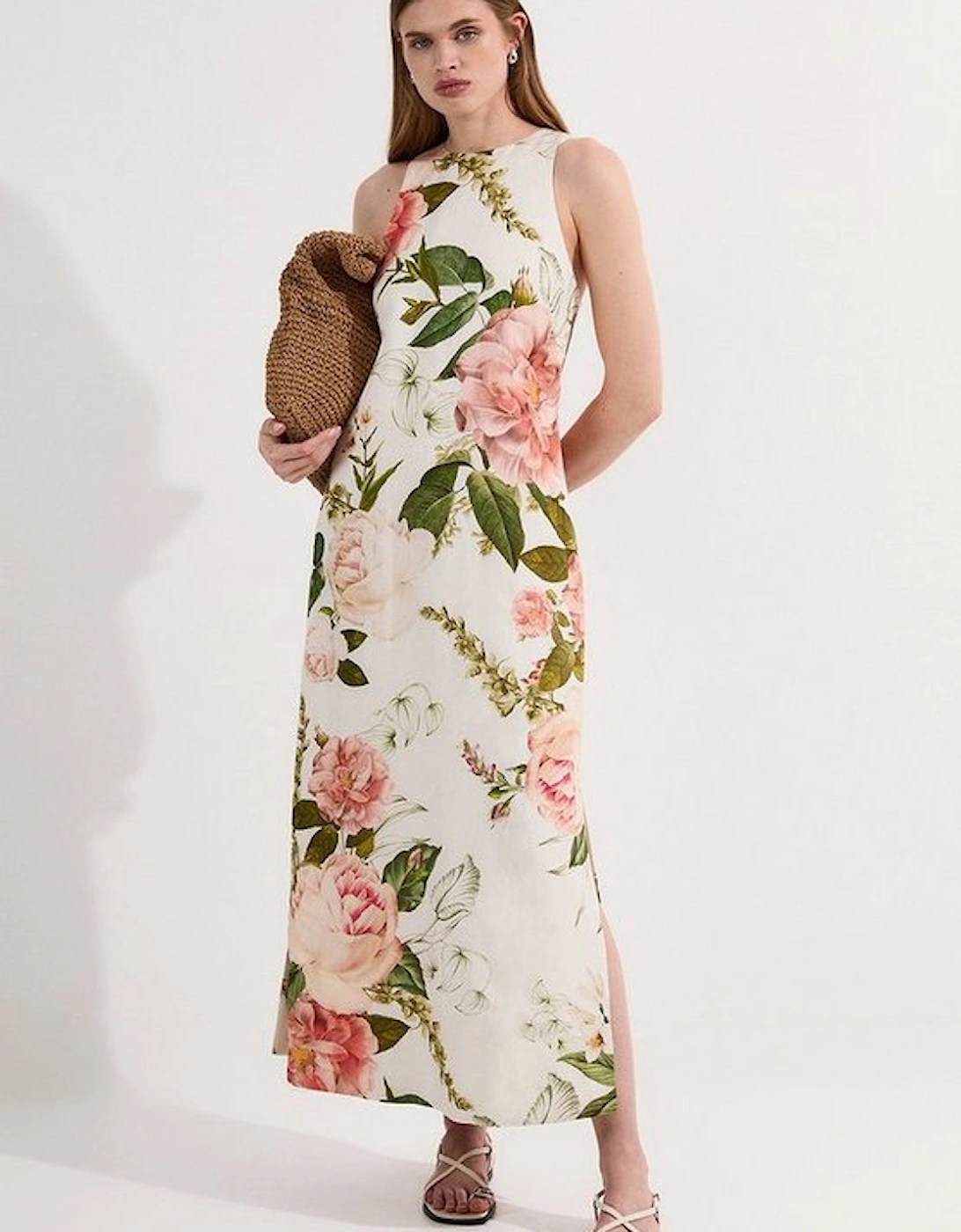 Linen Viscose Floral Woven Column Midi Dress, 5 of 4