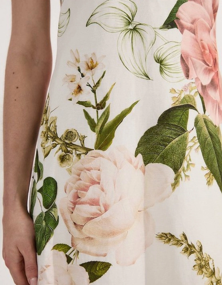 Linen Viscose Floral Woven Column Midi Dress