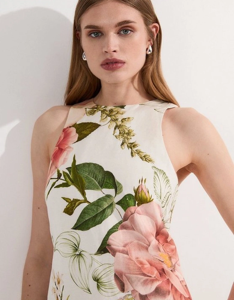 Linen Viscose Floral Woven Column Midi Dress