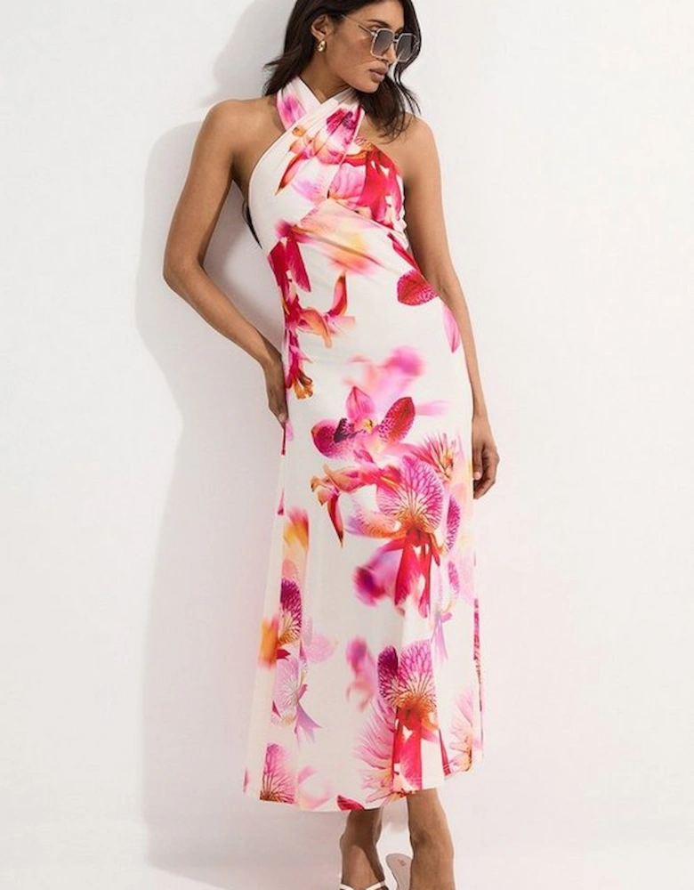 Abstract Floral Printed Jersey Crepe Twist Neckline Maxi Dress