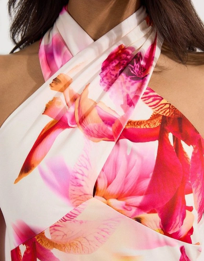 Abstract Floral Printed Jersey Crepe Twist Neckline Maxi Dress