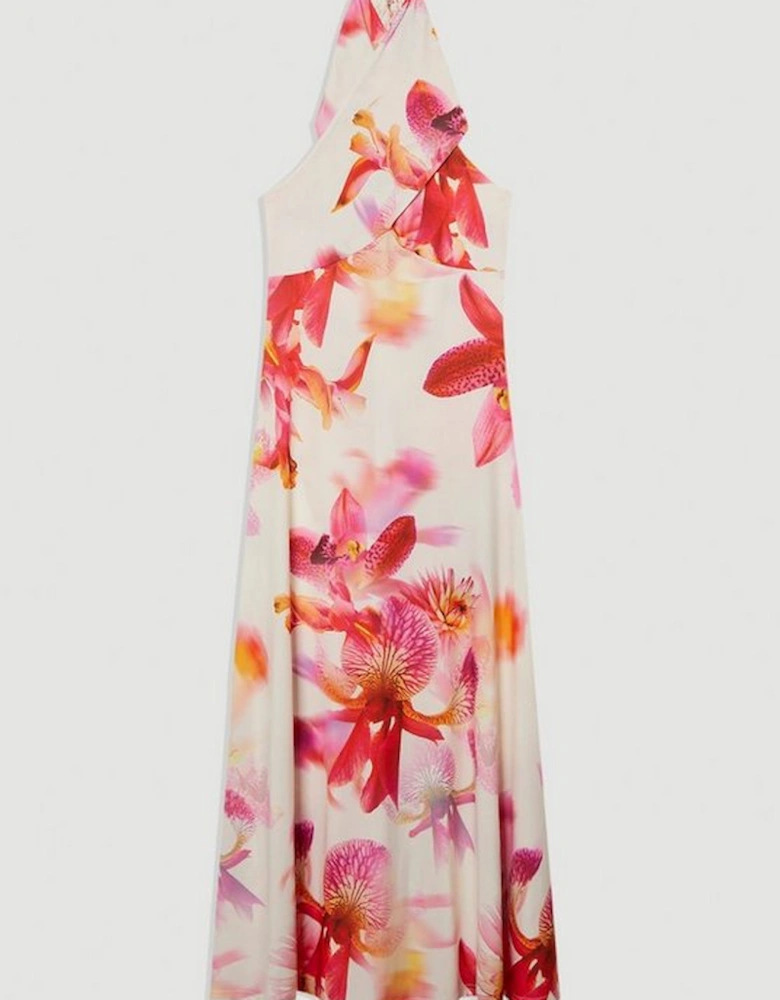 Abstract Floral Printed Jersey Crepe Twist Neckline Maxi Dress