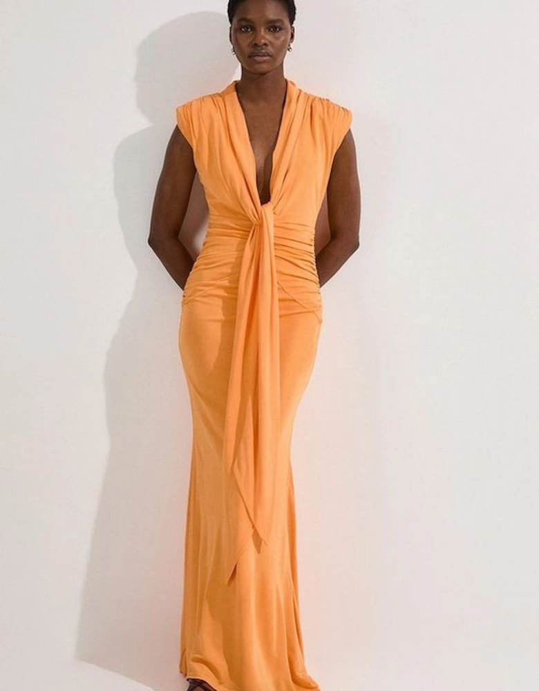 Plunge Ruched Twist Jersey Maxi Dress
